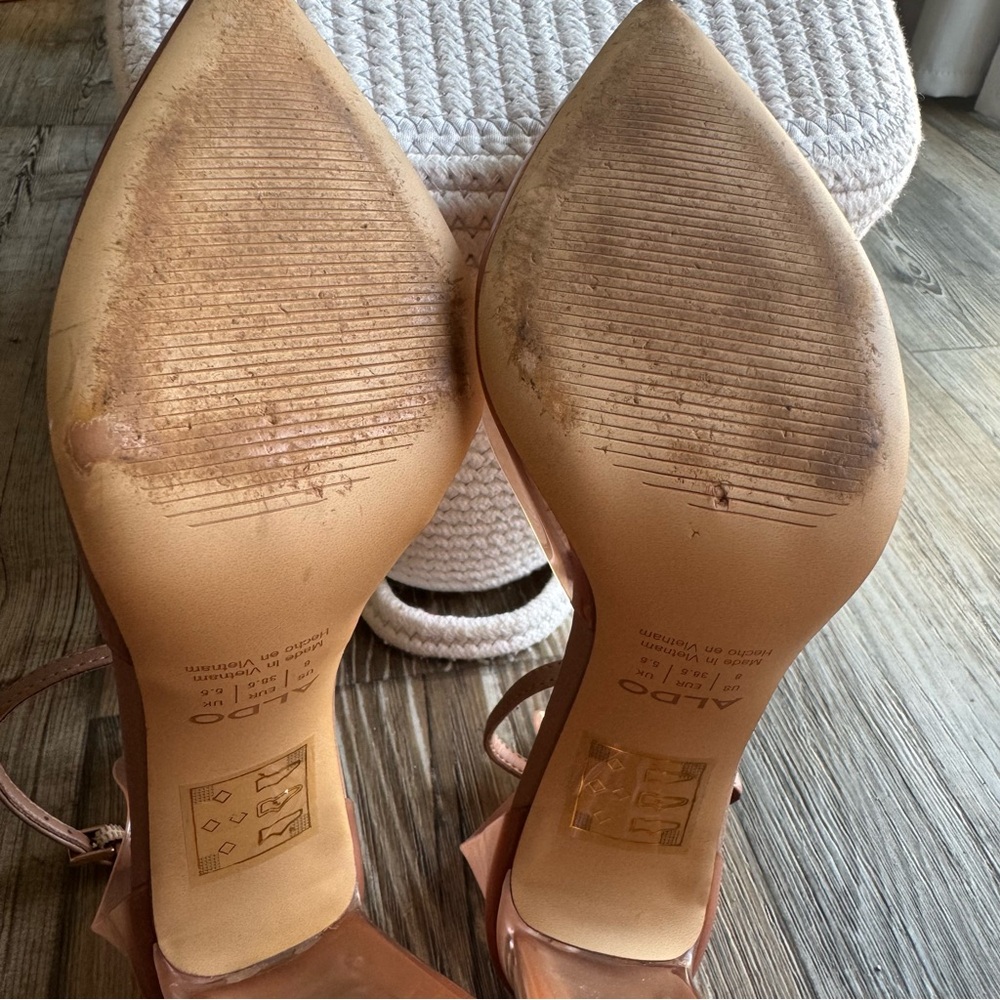 ALDO Deedee Pointy Toe Pump Strappy Heeled Shoes Size 8 Nude Tan Clear - Picture 4 of 6
